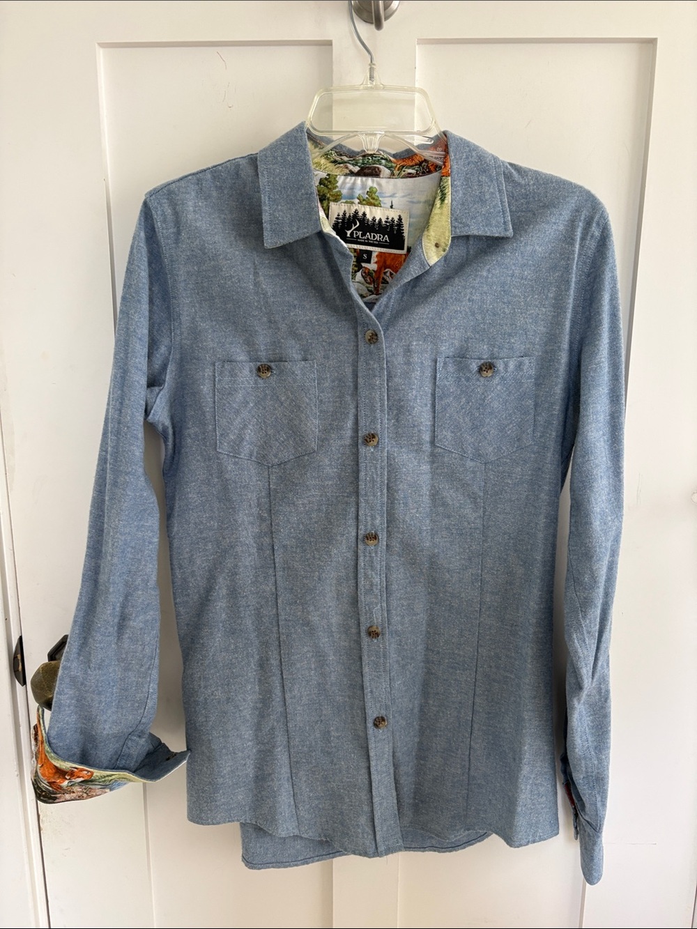 EUC Pladra Women's Button 100% Cotton Shirt Blue chambray Flannel Size S USA